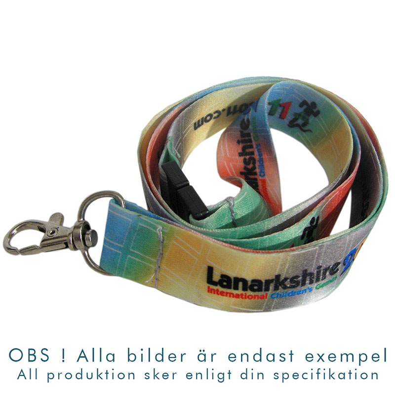 Färgglatt nyckelband med logotyp och heltäckande tryck och karbinhake av metall.