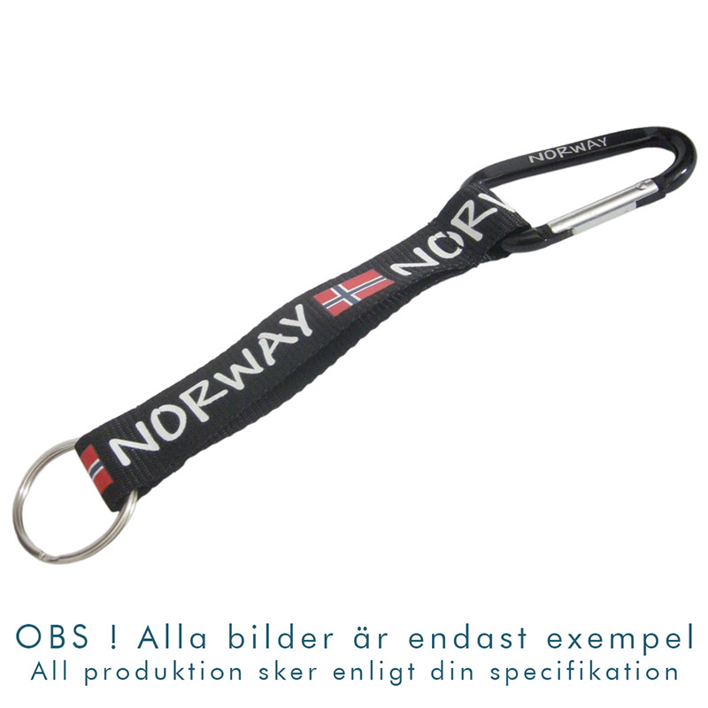 Ett kort nyckelband med tryckt logotyp samt karbinhake i matchande färg.