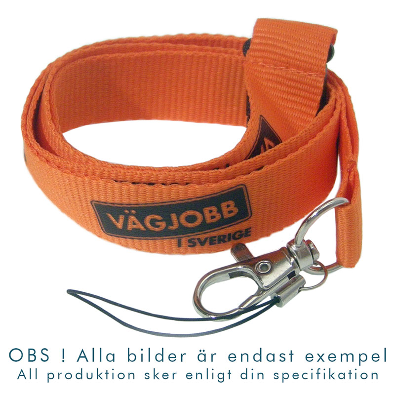 Exempel på ett nyckelband av standardmodell med logotyp tryckt med screentryck.