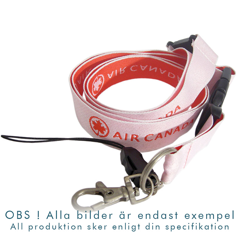 Nyckelband med vävd logotyp, karbinhake och mobilfäste.