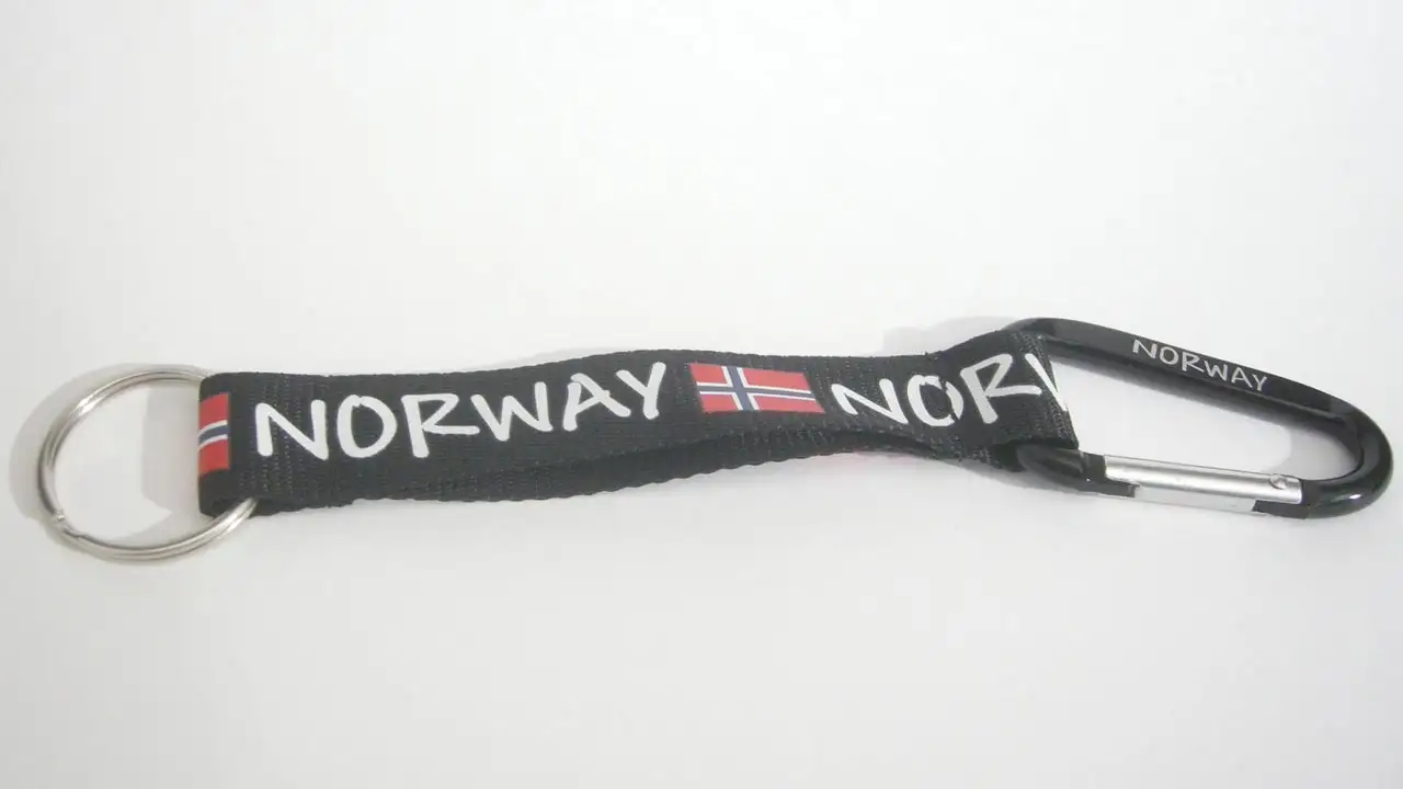 Ett kort nyckelband med tryck föreställande logotyp och flagga, samt matchande karbinhake med text.